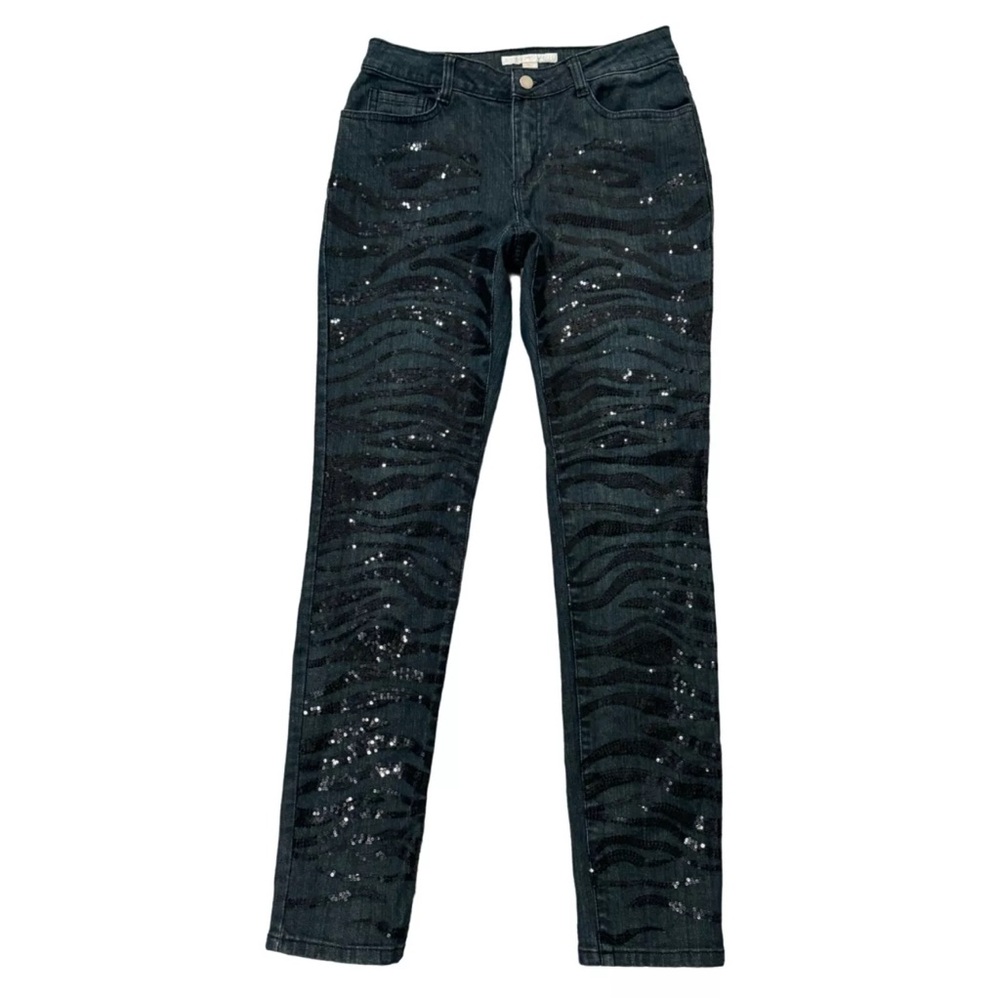 BOSTON PROPER ZEBRA SEQUIN EMBELLISHED SKINNY JEANS Party Dance Club Size 12